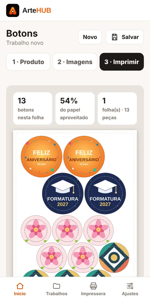 Tela do ArteHUB no celular mostrando a folha de botons pronta para imprimir